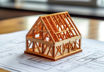 Poster - Detailed Wooden Model of House Frame on Architectural Plans, Symbolizing Construction, Design, Architecture, and Building Process for Educational and Professional Use