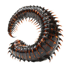 Poster - A detailed close-up of a  glossy, black and orange centipede sculpture, coiled in a circular shape.