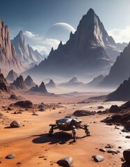 Wall Mural - A spaceship landing on an extraterrestrial planet with a barren, rocky terrain and towering mountains in the distance , planetary surfaces, extraterrestrial life, space exploration