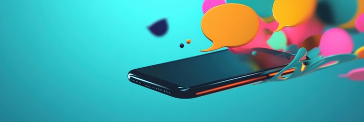Leinwandbilder - Bright chat bubbles emerge from a smartphone creating a lively communication atmosphere in a digital world. Generative AI