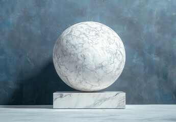 Poster - Elegant Marble Sphere on a Minimalist Base Against a Textured Blue Background for Contemporary Design and Artistic Displays in Interior Spaces