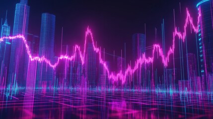 Poster - Urban city skyline at night illuminated by vibrant neon lights and a digital graph overlay