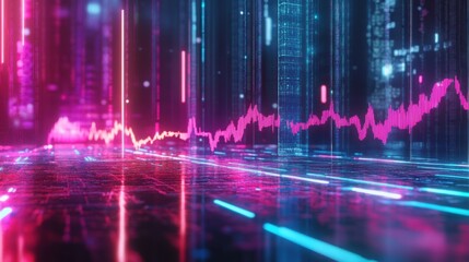 Poster - Futuristic city skyline at night illuminated by vibrant neon lights and colorful glowing background