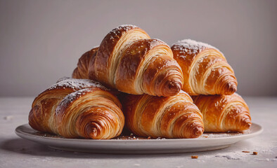Poster - A stack of croissants with powdered sugar on top. The croissants are arranged in a neat stack on a white plate