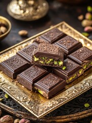 Poster - Delicious chocolate with pistachio filling served on a decorative golden plate featuring elegant Arabic patterns. Generative AI