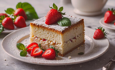 Poster - A slice of cake with strawberries and powdered sugar on top. The cake is cut in half and placed on a white plate