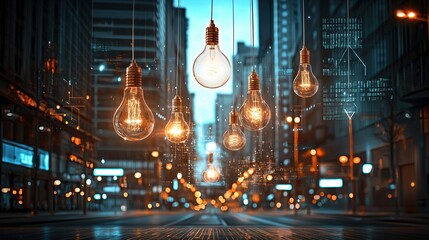 Aufkleber - Illuminating urban ambiance glowing light bulbs in a modern city street scene digital artwork warm tones aesthetic viewpoint