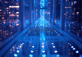 Poster - Futuristic Data Center Corridor with Illuminated Floors and Blue Lighting Creating a High-Tech Atmosphere of Connectivity and Digital Communication