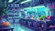 © panyawatt - Illustrate a colorful culinary laboratory from a Worms-eye view, blending futuristic biotech tools with organic ingredients in a pixel art style