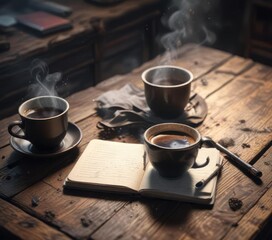 A steaming cup of dark coffee rests on a dusty wooden table, alongside a half-filled notebook, evoking a sense of forgotten dreams and abandoned aspirations, pages, liquid, longing