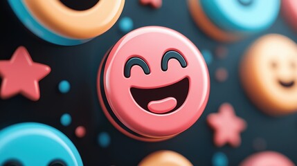 Poster - Glowing emoji icons scattered across a dark background digital art vibrant colors close-up view playful concept