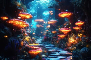 Wall Mural - a surreal underwater dining scene with bioluminescent sea creatures serving exotic dishes, glowing coral formations as tables, and floating champagne bubbles, rendered in photorealistic 3d