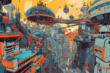 Illustrate the dynamic movement of Aerial Robotics in a sprawling utopia using vibrant vector art, showcasing a wide array of advanced technology and architecture