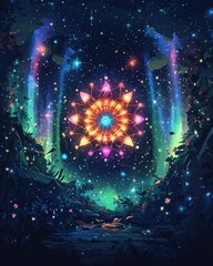 a colorful, abstract painting of a flower with a star in the center