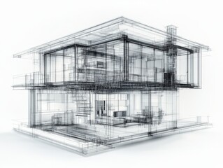 Aufkleber - Modern Architectural Blueprint of a Contemporary House Showcasing Transparent Design Elements and Intricate Details Across Multiple Levels in a Minimalist Style