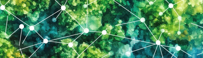 Poster - A vibrant, abstract representation of interconnected networks, featuring green hues and white nodes, conveying themes of technology and communication.