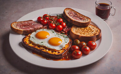 Poster - A plate of food with eggs, tomatoes, and toast. The plate is on a table with a cup of coffee