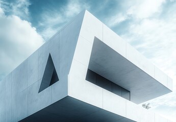 Poster - Modern architectural design featuring a minimalist building with sharp angles and a distinctive facade against a dramatic sky backdrop, showcasing innovative design principles.