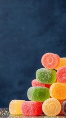 Wall Mural - A colorful stack of gummy candies arranged on a textured surface against a dark background, showcasing their vibrant hues and sugary coating.