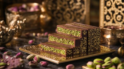 Poster - Indulgent chocolate bar layered with rich pistachio paste showcased on an ornate platter in an elegant setting. Generative AI