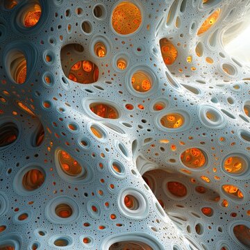 Intricate 3D organic structure with porous holes and glowing orange interiors. Ideal for abstract backgrounds, sci-fi environments, or biological visualizations.
