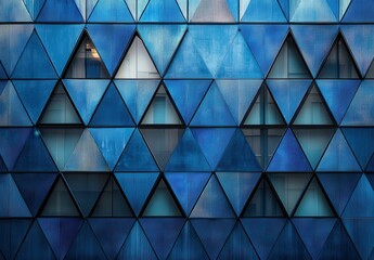 Poster - Modern Architectural Design Featuring Blue Triangular Facade with Geometric Patterns and Reflections of Light in Urban Environment