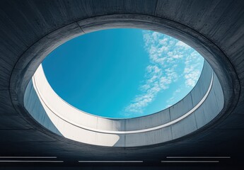 Poster - Modern Architectural Design Featuring Circular Sky View Opening Against Bright Blue Sky with Clouds from Inside Concrete Structure