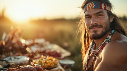 A man in traditional attire enjoys a vibrant outdoor feast, showcasing culinary delights and a stunning sunset that highlights cultural connections and community.