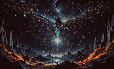Poster - a painting of a starry sky with a bright star in the center. the painting has a mood of wonder and a