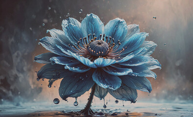 Poster - A blue flower with water droplets on it. The image has a calming and serene mood, as the water droplets create a peaceful atmosphere