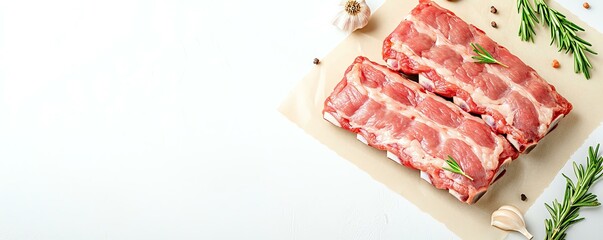 Wall Mural - Raw meat ribs on a cutting board with herbs and garlic, ready for preparation and cooking.