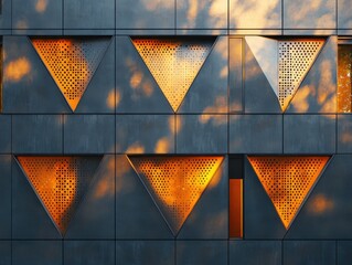 Poster - Modern architectural design featuring geometric triangular windows illuminated by warm sunlight on a contemporary building facade with unique patterns and textures.