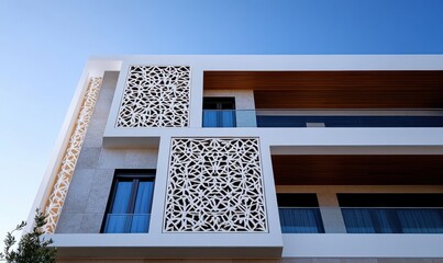 Poster - Modern Architectural Design Featuring Intricate Geometric Patterns and Harmonious Blend of Materials Against a Clear Blue Sky