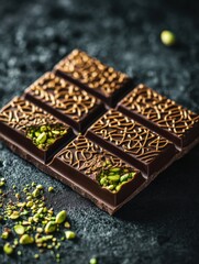 Poster - Delicious chocolate with pistachio filling on a golden plate adorned with intricate Arabic patterns. Generative AI