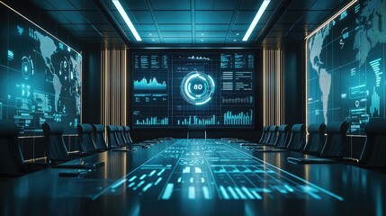 Poster - Futuristic Tech Conference Room Data Visualization and Global Connectivity