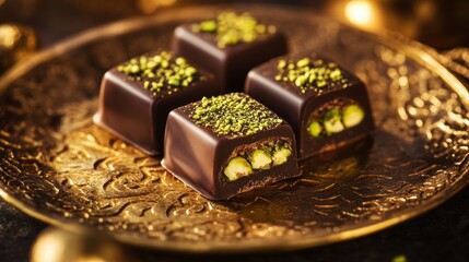 Poster - Delicious chocolate squares filled with pistachio on a decorative golden plate with Arabic patterns. Generative AI