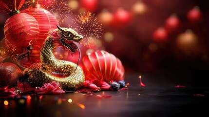 Wall Mural - Vibrant Golden Dragon with Lanterns and Flowers for Celebration