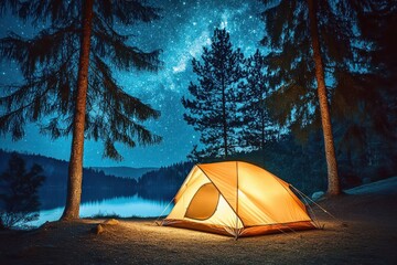 a quiet campsite with a glowing tent under a starry night sky, surrounded by tall trees