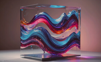 Poster - A cube made of glass with a colorful wave pattern on it. The colors are purple, blue, and red. The cube is sitting on a table