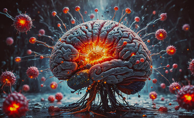 Poster - A brain with a red explosion coming out of it. The explosion is surrounded by many small red dots