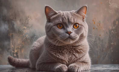 Poster - A grey cat with yellow eyes is laying on a table. The cat appears to be relaxed and comfortable in its environment
