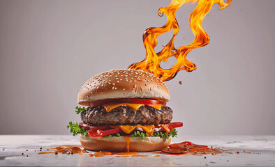 Poster - A hamburger with a flame on top of it. The flame is made of melted cheese. The hamburger is on a table