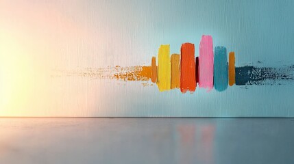 Poster - Vibrant Abstract Art with Colorful Brushstrokes on Textured Wall and Soft Reflections on a Smooth Surface