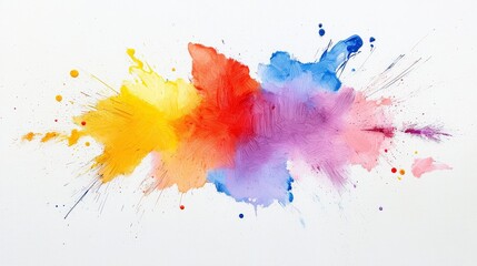 Poster - Vibrant abstract watercolor splash in red, yellow, blue, and purple on a clean white background with artistic texture