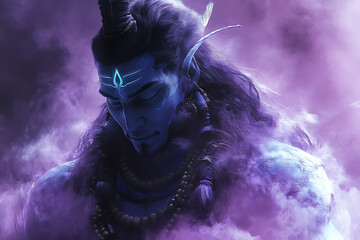 A futuristic depiction of Shiva with cyberpunk elements, featuring a glowing aura, advanced technology, blending divinity with modernity and cosmic energy