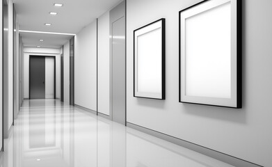 Modern elevator lobby with two blank vertical advertising posters on tiled white walls and a sleek metallic elevator door.
