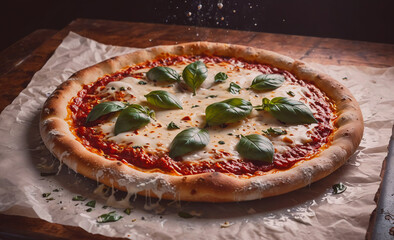 Poster - A pizza with basil leaves on top of it. The pizza is sitting on a piece of paper