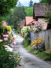 Poster - Quiet rural street with wooden cottages and colorful flowers creating a peaceful countryside atmosphere in the summer. Generative AI