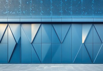 Poster - Modern Architectural Facade with Geometric Patterns and Textured Blue Panels, Featured in Urban Environment, Showing Symmetry, Light and Shadow Play