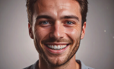 Aufkleber - A man with a beard and blue eyes is smiling. He has a white shirt on. The man's smile is bright and cheerful